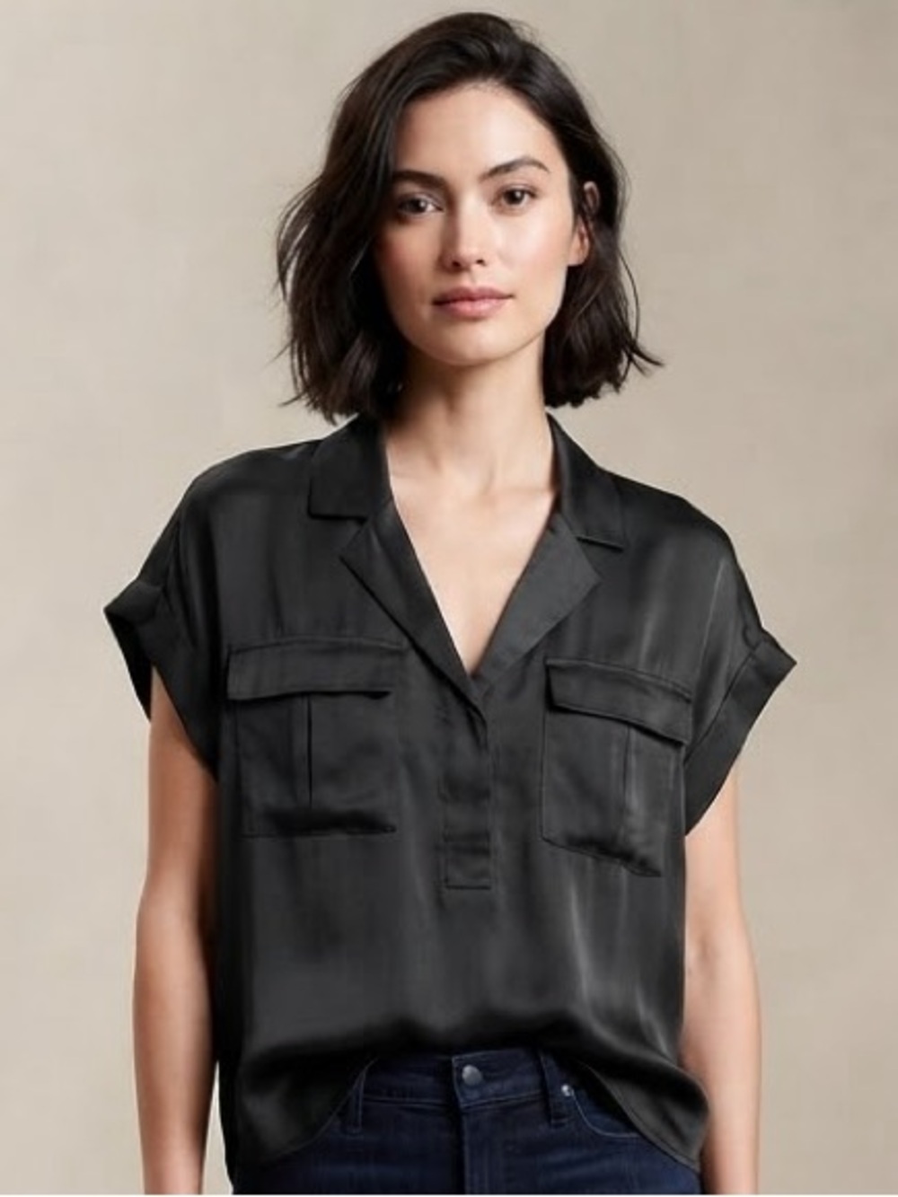ROSE & OLIVE Short-Sleeve Satin Utility Shirt S 20” p2p Black NWOT